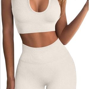 Women 2 Piece Ribbed Seamless Crop Tank High Waist Yoga Leggings Set